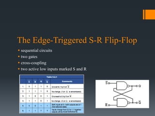 The Edge-Triggered S-R Flip-Flop
 sequential circuits
 two gates
 cross-coupling
 two active low inputs marked S and R
 
