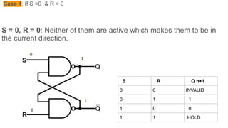 Case 4: If S =0 & R = 0
S = 0, R = 0: Neither of them are active which makes them to be in
the current direction.
S R Q n+1
0 0 INVALID
0 1 1
1 0 0
1 1 HOLD
 