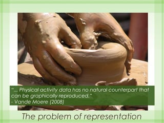 The problem of representation
“... Physical activity data has no natural counterpart that
can be graphically reproduced.”
- Vande Moere (2008)
 