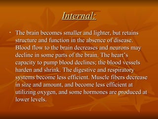 Internal: The brain becomes smaller and lighter, but retains structure and function in the absence of disease. Blood flow to the brain decreases and neurons may decline in some parts of the brain. The heart’s capacity to pump blood declines; the blood vessels harden and shrink. The digestive and respiratory systems become less efficient. Muscle fibers decrease in size and amount, and become less efficient at utilizing oxygen, and some hormones are produced at lower levels. 