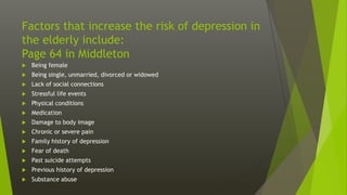 Factors that increase the risk of depression in
the elderly include:
Page 64 in Middleton
 Being female
 Being single, unmarried, divorced or widowed
 Lack of social connections
 Stressful life events
 Physical conditions
 Medication
 Damage to body image
 Chronic or severe pain
 Family history of depression
 Fear of death
 Past suicide attempts
 Previous history of depression
 Substance abuse
 