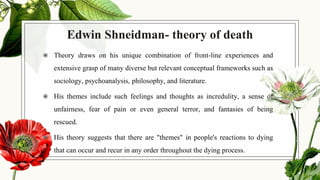 Edwin Shneidman- theory of death
◉ Theory draws on his unique combination of front-line experiences and
extensive grasp of many diverse but relevant conceptual frameworks such as
sociology, psychoanalysis, philosophy, and literature.
◉ His themes include such feelings and thoughts as incredulity, a sense of
unfairness, fear of pain or even general terror, and fantasies of being
rescued.
◉ His theory suggests that there are "themes" in people's reactions to dying
that can occur and recur in any order throughout the dying process.
 