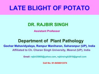 LATE BLIGHT OF POTATO
DR. RAJBIR SINGH
Assistant Professor
Department of Plant Pathology
Gochar Mahavidyalaya, Rampur Maniharan, Saharanpur (UP), India
Affiliated to Ch. Charan Singh University, Meerut (UP), India
Email: rajbir25805@yahoo.com, rajbirsingh2810@gmail.com
Cell No. 91-9456613374
 