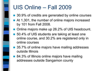 Transforming UISOnline majors made up 26.2% of UIS headcount enrollment. Fewer students are coming to campus and needing campus facilities.The financial base of the institution is no longer as heavily regional in nature (online students come from 47 states and 11 foreign countries).
