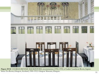 Figure 29-52  CHARLES RENNIE MACKINTOSH, reconstruction (1992–1995) of Ladies’ Luncheon Room, Ingram Street Tea Room, Glasgow, Scotland, 1900–1912. Glasgow Museum, Glasgow.  