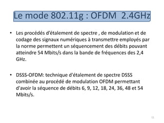Le mode 802.11g : OFDM 2.4GHz
• Les procédés d’étalement de spectre , de modulation et de
codage des signaux numériques à transmettre employés par
la norme permettent un séquencement des débits pouvant
atteindre 54 Mbits/s dans la bande de fréquences des 2,4
GHz.
• DSSS-OFDM: technique d'étalement de spectre DSSS
combinée au procédé de modulation OFDM permettant
d'avoir la séquence de débits 6, 9, 12, 18, 24, 36, 48 et 54
Mbits/s.
11
 