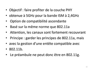 • Objectif : faire profiter de la couche PHY
• obtenue à 5GHz pour la bande ISM à 2,4GHz
• Option de compatibilité ascendante
• Basé sur la même norme que 802.11a
• Attention, les canaux sont fortement recouvrant
• Principe : garder les principes de 802.11a, mais
• avec la gestion d’une entête compatible avec
• 802.11b.
• Le préambule ne peut donc être en 802.11g.
12
 