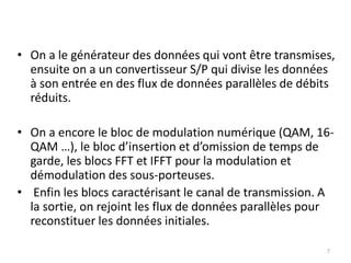 • On a le générateur des données qui vont être transmises,
ensuite on a un convertisseur S/P qui divise les données
à son entrée en des flux de données parallèles de débits
réduits.
• On a encore le bloc de modulation numérique (QAM, 16-
QAM …), le bloc d’insertion et d’omission de temps de
garde, les blocs FFT et IFFT pour la modulation et
démodulation des sous-porteuses.
• Enfin les blocs caractérisant le canal de transmission. A
la sortie, on rejoint les flux de données parallèles pour
reconstituer les données initiales.
7
 