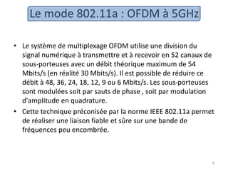 Le mode 802.11a : OFDM à 5GHz
• Le système de multiplexage OFDM utilise une division du
signal numérique à transmettre et à recevoir en 52 canaux de
sous-porteuses avec un débit théorique maximum de 54
Mbits/s (en réalité 30 Mbits/s). Il est possible de réduire ce
débit à 48, 36, 24, 18, 12, 9 ou 6 Mbits/s. Les sous-porteuses
sont modulées soit par sauts de phase , soit par modulation
d'amplitude en quadrature.
• Cette technique préconisée par la norme IEEE 802.11a permet
de réaliser une liaison fiable et sûre sur une bande de
fréquences peu encombrée.
8
 