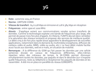 3G

   Date : automne 2004 en France
   Norme : UMTS/W-CDMA
   Vitesse de transfert : 64 à 128 kbps en émission et 128 à 384 kbps en réception
   Fréquences : entre 1900 et 2200 MHz
   Atouts : S'applique autant aux communications vocales qu'aux transferts de
    données. Comme la technologie exploite une bande de fréquences plus large, elle
    permet de passer trois fois plus d’appels. En théorie, l’UMTS devrait donc remédier
    à la saturation des réseaux existants et proposer des services de meilleure qualité.
    Le débit cinq à dix fois plus rapide laisse apparaître le développement de nouvelles
    applications, notamment dans le domaine du multimédia (visiophonie, diffusion de
    contenu vidéo et audio, MMS, vidéo ou audio, etc.). Le haut débit mobile facilite
    aussi l’accès aux données, web et e-mails, en situation de mobilité.
   Remarques : À la différence du GSM qui fait passer les données par une cellule
    (antenne) divisée en canaux de fréquences différentes, elles-mêmes
    réparties selon des créneaux de temps, le W-CDMA permet d’envoyer
    simultanément toutes les données, par paquets et dans le désordre (sur n’importe
    quelle fréquence), reste au téléphone à réceptionner les paquets de données et les
    rassembler. A été mis en place en parallèle du réseau GSM/GRPS.


                        Maurin Camille & Lelan Pierre-Antoine   ISTIA EI2   2011-2012      11
 