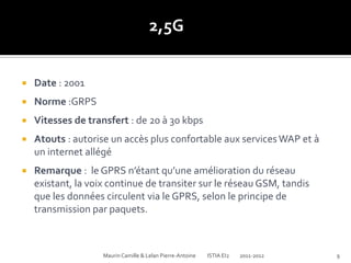 2,5G


   Date : 2001
   Norme :GRPS
   Vitesses de transfert : de 20 à 30 kbps
   Atouts : autorise un accès plus confortable aux services WAP et à
    un internet allégé
   Remarque : le GPRS n’étant qu’une amélioration du réseau
    existant, la voix continue de transiter sur le réseau GSM, tandis
    que les données circulent via le GPRS, selon le principe de
    transmission par paquets.



                    Maurin Camille & Lelan Pierre-Antoine   ISTIA EI2   2011-2012   9
 