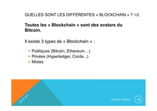 QUELLES SONT LES DIFFÉRENTES « BLOCKCHAIN » ? 1/2
FRÉDÉRIC SIMONNET 19
Toutes les « Blockchain » sont des avatars du
Bitcoin.
Il existe 3 types de « Blockchain » :
§  Publiques (Bitcoin, Ethereum…)
§  Privées (Hyperledger, Corda...)
§  Mixtes
 