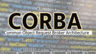 Le modèle objet Client/Serveur
en CORBA
Objet CORBA
Bus CORBA
O
R
B
O
R
B
Référence
d’objet
Code
d’implantation
Applicatio...