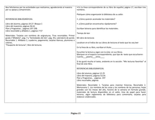 Página 15
Nos felicitemos por las actividades que realizamos, agradeciendo al maestro
por su apoyo y comprensión.
REFERENCIAS BIBLIOGRÁFICAS.
Libro del alumno, páginas 19-27. Bloque 1
Libro del maestros, páginas 56-61
Plan y Programas… páginas 197-198.
Libro recortable y alfabeto 1, páginas 7-57
Materiales: Tarjetas con nombres de asignaturas, Tiras recortables. Primer
grado (“Alfabeto”, pág. 7 y “Actividades del día”, pág. 35), calendario de pared,
Recortable 1. Alfabeto 1, cuaderno, pegamento, tarjetas blancas, plumones o
colores,
“Pasaporte de lecturas”, libro de lecturas.
• En la línea correspondiente de su libro de español, página 17, escriban tres
nombres.
Platiquen cómo organizarán la biblioteca de su salón.
•  ¿Cómo quieren acomodar los materiales?
•  ¿Cómo podrían encontrarlos rápidamente?
Escriban letreros para identificar los materiales.
Tiempo de leer
Mi Libro de lecturas
Localicen en el índice de sus Libros de lecturas el texto que les voy leer
En la línea de su libro, escriban el título:_____________________________
Escuchen la lectura y sigan con la vista en sus libros.
Marquen en el espacio correspondiente, que tipo de texto que escucharon:
Cuento___poema___otros____
Si les gustó mucho el texto, anótenlo en la sección. “Mis lecturas favoritas” al
final de este libro.
REFERENCIAS BIBLIOGRAFICAS:
Libro del alumno, páginas 12-25
Libro del maestro, páginas 53,54.
Plan y Programas… páginas. 197
Libro recortable, páginas
Materiales: Recortable 1. Tarjetas para inventar historias, Recortable 2.
Memorama 1. Los nombres de las cosas y los nombres de las personas, hojas
grandes con los meses del año, horario de la semana en formato grande,
materiales de lectura disponibles en el salón, tiras de papel para hacer
letreros, algún reglamento de biblioteca para comentarlo, tarjetas para
elaborar credenciales.
 