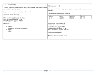 Página 18
6. Águilas y soles
En binas, lancen 10 monedas de un peso y de la forma en que cayeron cuente
cuantas águilas y soles cayeron.
Respondan las preguntas de la página 20 en sus libros.
REFERENCIAS BIBLIOGRÁFICAS.
Libro del alumno, páginas 12-23. Bloque 1
Libro del maestros, páginas 55-62
Plan y Programas… páginas 242-250
Materiales:
 Semillas.
 Recipientes que funjan como vasos.
 Dados
 Cubos
9 Sumo y resto 1 y 10
De manera individual, has el ejerció que aparece en tu libro de matemática,
página 25.
Complementen mentalmente cuanto es:
90+10= 80+5= 40+40= 50+50=
60−30= 100−70= 50−50= 75−40=
REFERENCIAS BIBLIOGRAFICAS:
Libro del alumno, páginas 12-25
Libro del maestro, páginas 53,54.
Plan y Programas… páginas. 242-252
¿Qué material necesito?
Monedas de 1 peso y de 10 pesos.
 