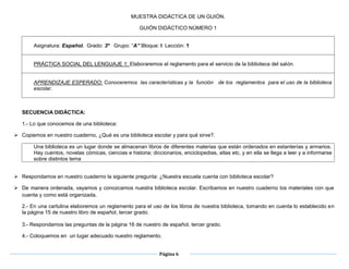 Página 6
MUESTRA DIDÁCTICA DE UN GUIÓN.
GUIÓN DIDÁCTICO NÚMERO 1
Asignatura: Español. Grado: 3º Grupo: “A” Bloque: I Lección: 1
PRÁCTICA SOCIAL DEL LENGUAJE 1: Elaboraremos el reglamento para el servicio de la biblioteca del salón.
APRENDIZAJE ESPERADO: Conoceremos las características y la función de los reglamentos para el uso de la biblioteca
escolar.
SECUENCIA DIDÁCTICA:
1.- Lo que conocemos de una biblioteca:
 Copiemos en nuestro cuaderno, ¿Qué es una biblioteca escolar y para qué sirve?.
Una biblioteca es un lugar donde se almacenan libros de diferentes materias que están ordenados en estanterías y armarios.
Hay cuentos, novelas cómicas, ciencias e historia; diccionarios, enciclopedias, atlas etc. y en ella se llega a leer y a informarse
sobre distintos tema
 Respondamos en nuestro cuaderno la siguiente pregunta: ¿Nuestra escuela cuenta con biblioteca escolar?
 De manera ordenada, vayamos y conozcamos nuestra biblioteca escolar. Escribamos en nuestro cuaderno los materiales con que
cuenta y como está organizada.
2.- En una cartulina elaboremos un reglamento para el uso de los libros de nuestra biblioteca, tomando en cuenta lo establecido en
la página 15 de nuestro libro de español, tercer grado.
3.- Respondamos las preguntas de la página 16 de nuestro de español, tercer grado.
4.- Coloquemos en un lugar adecuado nuestro reglamento.
 