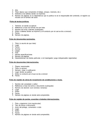 3. Año
4. Título (época que comprende el trabajo, ensayo, memoria, etc.)
5. Editorial (o los talleres donde se imprimió)
6. Número de páginas (si la dependencia que la publica no es la responsable del contenido, el registro se
iniciará con el nombre del autor.
Ficha de textos jurídicos.
1. Territorio en donde se aplican
2. Referencia al tipo de normas de que trata
3. Nombre de la ley o decreto (subrayado)
4. Editor o talleres donde se imprimió (o el conducto por el cual se dio a conocer)
5. Fecha
6. Número de páginas.
Ficha de documentos nacionales.
1. Título (o asunto de que trata)
2. Lugar
3. Fecha
4. Archivo
5. Legajo
6. Foja
7. Demás especificaciones
8. Número de páginas
9. Características de interés particular, si el investigador juzga indispensable registrarlas)
Ficha de documentos internacionales.
1. Órgano responsable
2. Título (o asunto)
3. Número, clave o codificación
4. Lugar donde se publicó
5. Editor (o conducto por el que se da a conocer
6. Fecha
Ficha de registro de obras de recopilación de constituciones o leyes.
1. Nombre del compilador o editor
2. Referencia al tipo de norma o documento (subrayado)
3. Número de volumen (con números romanos)
4. Lugar
5. Editor
6. Fecha
7. Número de páginas en donde está comprendido.
Ficha de registro de pactos, acuerdos o tratados internacionales.
1. País u organismo (con mayúsculas)
2. Tipo de norma o documento
3. Autor del prólogo, comentario o nota
4. Lugar
5. Editor
6. Fecha
7. Número de páginas en donde está comprendido.
 