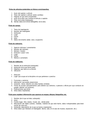 Ficha de artículos contenidos en libros o enciclopedias.
1. Autor del capítulo o artículo
2. Título del capítulo o artículo (entre comillas)
3. Páginas en que está comprendido
4. Autor de la obra que contiene el artículo o capítulo
5. Título de la obra (subrayado)
6. Demás datos de la ficha bibliográfica de la obra.
Ficha de campo.
1. Tema de investigación
2. Nombre del investigador
3. Institución
4. Lugar
5. Fecha
6. Hora
7. Datos de la fuente (edad, sexo, ocupación).
Ficha de noticiario.
1. Agencia noticiosa / comentarista
2. Nombre del noticiario
3. Número / horario
4. Estación / canal / cine
5. Lugar
6. Fecha
7. Noticia o comentario
Ficha de institución.
1. Nombre de la institución (subrayado)
2. Institución de la que forma parte
3. Objetivos que tiene en su función
4. Ubicación
 Dirección
 Lugar que ocupa en la disciplina a la que pertenece o practica
1. Funciones y servicios
2. Información que puede proporcionar
3. Conexión, nexos, relación con otras fuentes similares
4. Forma de acceso (procedimientos para obtener sus servicios, o persona u oficina por cuyo conducto se
pueden obtener sus servicios).
5. Publicaciones que emite
6. Otros datos importantes.
Ficha para registrar información que aparece en mapas, dibujos, fotografías, etc.
1. Nombre (de lo que se trata, subrayado)
2. Autor
3. Fuente (lugar, libro, revista, museo, etc., dónde está)
4. Descripción del objeto (colores, medidas, material de que está hecho, datos indispensables para tener
noción de cómo es)
5. Contenido (descripción de lo que se ilustra o representa)
6. Otros datos que interesen al investigador (fecha, sala, en el caso de museos, exposición, etc.)
 