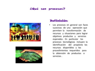 ¿Qué  son  procesos?Definición:Los  procesos  en  general  son  faces  sucesivas   de  una    operación  que   permiten  la    transformación    de   recursos   y  situaciones  para  lograr  objetivos   productos   y    servicios  esperados .  En   particular    los    procesos   tecnológicos   incluyen  la  identificación     del    propósito   los  recursos    disponibles   y   los  procedimientos   requeridos    para    la   obtensión   de   productos    o   servicios .