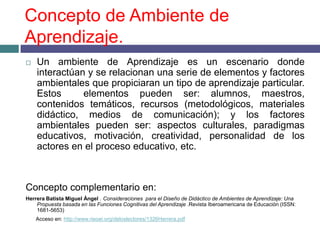 Concepto de Ambiente de
Aprendizaje.
   Un ambiente de Aprendizaje es un escenario donde
    interactúan y se relacionan una serie de elementos y factores
    ambientales que propiciaran un tipo de aprendizaje particular.
    Estos      elementos pueden ser: alumnos, maestros,
    contenidos temáticos, recursos (metodológicos, materiales
    didáctico, medios de comunicación); y los factores
    ambientales pueden ser: aspectos culturales, paradigmas
    educativos, motivación, creatividad, personalidad de los
    actores en el proceso educativo, etc.



Concepto complementario en:
Herrera Batista Miguel Ángel . Consideraciones para el Diseño de Didáctico de Ambientes de Aprendizaje: Una
    Propuesta basada en las Funciones Cognitivas del Aprendizaje .Revista Iberoamericana de Educación (ISSN:
    1681-5653)
    Acceso en: http://www.rieoei.org/deloslectores/1326Herrera.pdf
 