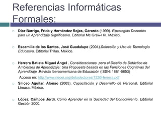 Referencias Informáticas
Formales:
   Díaz Barriga, Frida y Hernández Rojas, Gerardo (1999). Estrategias Docentes
    para un Aprendizaje Significativo. Editorial Mc Graw-Hill. México.


   Escamilla de los Santos, José Guadalupe (2004).Selección y Uso de Tecnología
    Educativa. Editorial Trillas. México.


   Herrera Batista Miguel Ángel . Consideraciones para el Diseño de Didáctico de
    Ambientes de Aprendizaje: Una Propuesta basada en las Funciones Cognitivas del
    Aprendizaje .Revista Iberoamericana de Educación (ISSN: 1681-5653)
    Acceso en: http://www.rieoei.org/deloslectores/1326Herrera.pdf
   Siliceo Aguilar, Alonso (2005). Capacitación y Desarrollo de Personal. Editorial
    Limusa. México.


   López, Campos Jordi. Como Aprender en la Sociedad del Conocimiento. Editorial
    Gestión 2000.
 