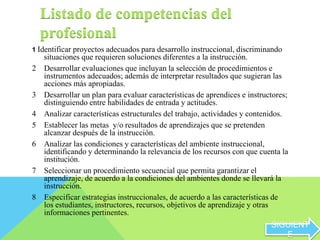 Listado de competencias del 
profesional 
1 Identificar proyectos adecuados para desarrollo instruccional, discriminando 
situaciones que requieren soluciones diferentes a la instrucción. 
2 Desarrollar evaluaciones que incluyan la selección de procedimientos e 
instrumentos adecuados; además de interpretar resultados que sugieran las 
acciones más apropiadas. 
3 Desarrollar un plan para evaluar características de aprendices e instructores; 
distinguiendo entre habilidades de entrada y actitudes. 
4 Analizar características estructurales del trabajo, actividades y contenidos. 
5 Establecer las metas y/o resultados de aprendizajes que se pretenden 
alcanzar después de la instrucción. 
6 Analizar las condiciones y características del ambiente instruccional, 
identificando y determinando la relevancia de los recursos con que cuenta la 
institución. 
7 Seleccionar un procedimiento secuencial que permita garantizar el 
aprendizaje, de acuerdo a la condiciones del ambientes donde se llevará la 
instrucción. 
8 Especificar estrategias instruccionales, de acuerdo a las características de 
los estudiantes, instructores, recursos, objetivos de aprendizaje y otras 
informaciones pertinentes. 
SIGUIENT 
E 
 