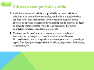 Diferencia entre profesión y oficio 
 La diferencia entre el oficio y la profesión es que el oficio se 
relaciona más con trabajos manuales, en donde el trabajador debe 
ser muy hábil para realizar una tarea específica. Generalmente 
el oficio se aprende trabajando directamente con la materia, es decir, 
se aprende empíricamente fruto de la experiencia. Ejemplos 
de oficios: zapatero, panadero, relojero, etc. 
 Mientras que la profesión se enseña en las universidades o 
institutos, ya que requieren conocimientos especializados. 
Un profesional tiene el respaldo académico para realizar un trabajo 
específico. Ejemplos de profesión: Médicos, Ingenieros, Periodistas, 
Arquitectos, etc. 
ATRA 
S 
