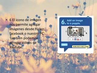 • 6 El icono de imagen
nos permite agregar
imágenes desde flickcr,
facebook o nuestro PC.
También podemos
agregar vídeos de
Youtube.
 