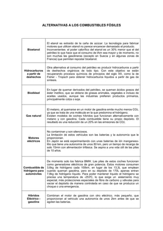 ALTERNATIVAS A LOS COMBUSTIBLES FÓSILES




                  El etanol es extraído de la caña de azúcar. La tecnología para fabricar
                  motores que utilicen etanol no parece encarecer demasiado el producto.
  Bioetanol       Inconvenientes: el poder calorífico del etanol es un 30% menor que el del
                  petróleo lo que hace que el consumo de l/km sea mayor y de momento, no
                  son muchas las gasolineras (excepto en Suecia y en algunas zonas de
                  Francia) que permitan repostar bioetanol.


                  Otra alternativa al consumo del petróleo es producir hidrocarburos a partir
Hidrocarburos     de deshechos orgánicos de todo tipo. Con este objetivo se están
  a partir de     recuperando procesos químicos de principios del siglo XX, como la de
 deshechos        Fisher - Tropsch para obtener hidrocarburos líquidos a partir de gas de
                  síntesis.


                  En lugar de quemar derivados del petróleo, se queman ácidos grasos del
  Biodiésel       éster metílico, que se obtiene de grasas animales, vegetales e incluso de
                  aceites usados, aunque las industrias prefieren productos primarios,
                  principalmente colza o soja.


                  El metano, al quemarse en un motor de gasolina emite mucho menos CO2,
                  ya que se trata de una molécula en la que predomina el hidrógeno.
 Gas natural      Existen modelos de coches híbridos que funcionan alternativamente con
                  metano y con gasolina. Cada combustible tiene su propio depósito. El
                  resultado es una reducción de un 20% en las emisiones de CO2.


                  No contaminan y son silenciosos.
                  La limitación de estos vehículos son las baterías y la autonomía que le
   Motores        proporcionan.
  eléctricos      En Japón se está experimentando con unas baterías de ión manganeso-
                  litio que tiene una autonomía de unos 80 km, pero un tiempo de recarga de
                  solo 15min con alimentación trifásica. Se aspira a una vida útil de las pilas
                  de 10 años.


                  De momento solo los fabrica BMW. Las pilas de estos coches funcionan
                  como generadores eléctricos de gran potencia. Estos motores consumen
Combustible de    3,6kg de hidrógeno cada 100km, en lugar de los 13,3L que emplean
hidrógeno para    cuando queman gasolina, pero en su depósito de 170L apenas entran
 automóviles      7,8kg de hidrógeno líquido. Para poder mantener líquido el hidrógeno se
                  precisa una temperatura de -253° lo que exige un aislamiento muy
                                                    C,
                  especial, más protecciones especiales de fibra de carbono y válvulas para
                  vaciar el depósito de manera controlada en caso de que se produzca un
                  choque o una emergencia.


   Híbridos       Combinan el motor de gasolina con otro eléctrico, más pequeño, que
  Eléctrico -     proporcionan al vehículo una autonomía de unos 2km antes de que se
   gasolina       agoten las baterías.
 