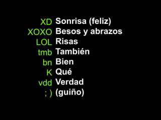 XD
XOXO
LOL
tmb
bn
K
vdd
; )
Sonrisa (feliz)
Besos y abrazos
Risas
También
Bien
Qué
Verdad
(guiño)
 