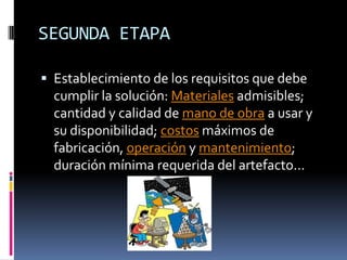 SEGUNDA ETAPAEstablecimiento de los requisitos que debe cumplir la solución: Materiales admisibles; cantidad y calidad de mano de obra a usar y su disponibilidad; costos máximos de fabricación, operación y mantenimiento; duración mínima requerida del artefacto... 