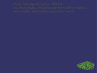 QUÉ ES LA WEB 2.0 El término “Web 2.0” es muy reciente (1) y   se usa para denominar un conjunto de nuevas aplicaciones de Internet  orientadas  a la colaboración social. No se refiere a nuevos estándares técnicos, sino a nuevas formas de utilización de Internet para aplicaciones interactivas y de colaboración multimedia en la red. Por ello, también se identifica con el concepto de “web social” y de “web viva ”. 