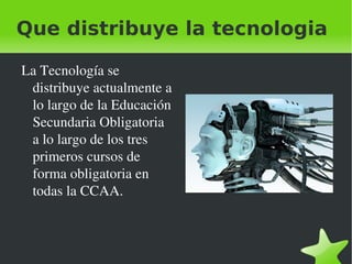 Que distribuye la tecnologia

    La Tecnología se 
     distribuye actualmente a 
     lo largo de la Educación 
     Secundaria Obligatoria 
     a lo largo de los tres 
     primeros cursos de 
     forma obligatoria en 
     todas la CCAA.



                                  
 