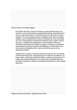 Trilla del trigo en el Antiguo Egipto.

       Encendido de fuego: Aunque el fuego fue usado desde tiempos muy
       remotos, no hay evidencias de su encendido artificial, seguramente por
       fricción, hasta hace más de 1.000.000 de años en África por el Homo
       ergaster.8 El uso del fuego permitió: protegerse mejor de los animales
       salvajes, que invariablemente le temen; prolongar las horas de trabajo
       útil, con el consiguiente incremento de relación social; migrar a climas
       más fríos, usándolo para calefacción en las moradas; cocinar los
       alimentos, haciéndolos más fáciles de digerir y masticar. A esta última
       característica le atribuyen algunos antropólogos la modificación de la
       forma de la mandíbulahumana, menos prominente que la de los
       restantes primates.9

       Cestería: No se sabe con certeza cuando se inició, por ser un material
       de fácil descomposición. Se presume que fue anterior a la alfarería y la
       base a ésta, cuando los canastos de fibras o varillas se recubrieron con
       arcilla para impermeabilizarlos. Las cestas fueron probablemente los
       primeros recipientes y medios de transporte de alimentos y otros objetos
       pequeños.




Tejedora aymara del imperio, segúnGuaman Poma.
 