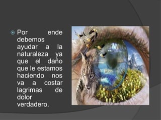    Por       ende
    debemos
    ayudar a la
    naturaleza ya
    que el daño
    que le estamos
    haciendo nos
    va a costar
    lagrimas    de
    dolor
    verdadero.
 