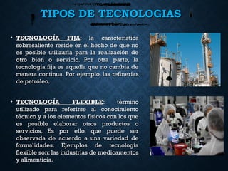 TIPOS DE TECNOLOGIASTIPOS DE TECNOLOGIAS
• TECNOLOGÍA FIJATECNOLOGÍA FIJA: la característica: la característica
sobresaliente reside en el hecho de que nosobresaliente reside en el hecho de que no
es posible utilizarla para la realización dees posible utilizarla para la realización de
otro bien o servicio. Por otra parte, laotro bien o servicio. Por otra parte, la
tecnología fija es aquella que no cambia detecnología fija es aquella que no cambia de
manera continua. Por ejemplo, las refineríasmanera continua. Por ejemplo, las refinerías
de petróleo.de petróleo.
  
• TECNOLOGÍA FLEXIBLETECNOLOGÍA FLEXIBLE: término: término
utilizado para referirse al conocimientoutilizado para referirse al conocimiento
técnico y a los elementos físicos con los quetécnico y a los elementos físicos con los que
es posible elaborar otros productos oes posible elaborar otros productos o
servicios. Es por ello, que puede serservicios. Es por ello, que puede ser
observada de acuerdo a una variedad deobservada de acuerdo a una variedad de
formalidades. Ejemplos de tecnologíaformalidades. Ejemplos de tecnología
flexible son: las industrias de medicamentosflexible son: las industrias de medicamentos
y alimenticia.y alimenticia.
 
