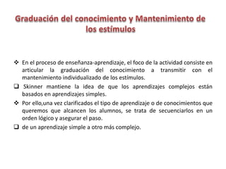  En el proceso de enseñanza-aprendizaje, el foco de la actividad consiste en
articular la graduación del conocimiento a transmitir con el
mantenimiento individualizado de los estímulos.
 Skinner mantiene la idea de que los aprendizajes complejos están
basados en aprendizajes simples.
 Por ello,una vez clarificados el tipo de aprendizaje o de conocimientos que
queremos que alcancen los alumnos, se trata de secuenciarlos en un
orden lógico y asegurar el paso.
 de un aprendizaje simple a otro más complejo.
 
