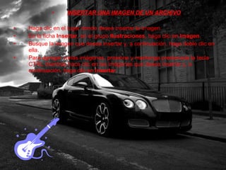 INSERTAR UNA IMAGEN DE UN ARCHIVO Haga clic en el lugar donde desea insertar la imagen.  En la ficha  Insertar , en el grupo  Ilustraciones , haga clic en  Imagen . Busque la imagen que desea insertar y, a continuación, haga doble clic en ella. Para agregar varias imágenes, presione y mantenga presionada la tecla CTRL mientras hace clic en las imágenes que desea insertar y, a continuación, haga clic en  Insertar   