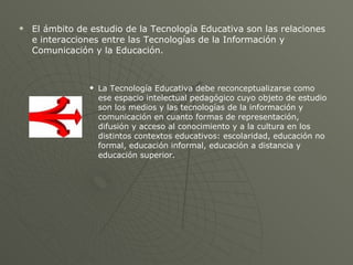 El ámbito de estudio de la Tecnología Educativa son las relaciones e interacciones entre las Tecnologías de la Información y Comunicación y la Educación. La Tecnología Educativa debe reconceptualizarse como ese espacio intelectual pedagógico cuyo objeto de estudio son los medios y las tecnologías de la información y comunicación en cuanto formas de representación, difusión y acceso al conocimiento y a la cultura en los distintos contextos educativos: escolaridad, educación no formal, educación informal, educación a distancia y educación superior. 