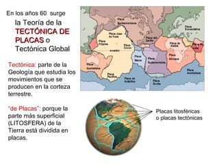 En los años 60  surge la Teoría de la TECTÓNICA DE PLACAS  o Tectónica Global Tectónica:   parte de la Geología   que estudia los movimientos que se producen en la corteza terrestre. “ de Placas”:  porque la parte más superficial (LITOSFERA) de la Tierra está dividida en placas. Placas litosféricas o placas tectónicas 