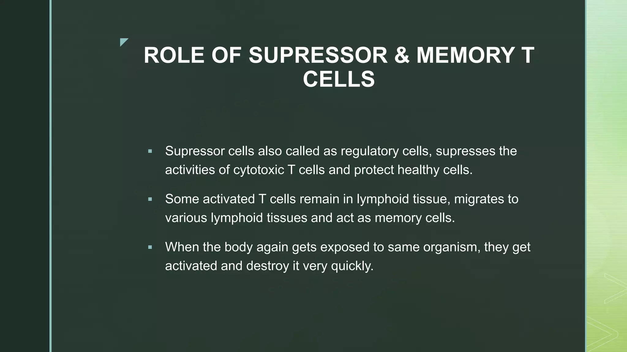 z
ROLE OF SUPRESSOR & MEMORY T
CELLS
 Supressor cells also called as regulatory cells, supresses the
activities of cytotoxic T cells and protect healthy cells.
 Some activated T cells remain in lymphoid tissue, migrates to
various lymphoid tissues and act as memory cells.
 When the body again gets exposed to same organism, they get
activated and destroy it very quickly.
 