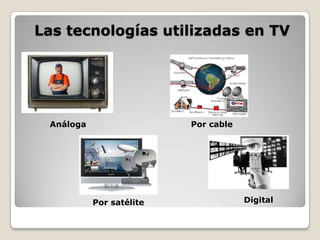 Las tecnologías utilizadas en TV




 Análoga                  Por cable




           Por satélite               Digital
 