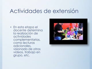 Actividades de extensión

• En esta etapa el
  docente determina
  la realización de
  actividades
  complementarias,
  como lecturas
  adicionales,
  visionado de otros
  videos, trabajo en
  grupo, etc.
 