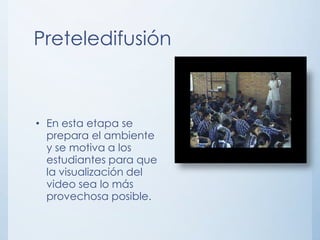 Preteledifusión



• En esta etapa se
  prepara el ambiente
  y se motiva a los
  estudiantes para que
  la visualización del
  video sea lo más
  provechosa posible.
 
