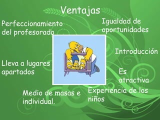 Ventajas Igualdad de oportunidades Perfeccionamiento del profesorado IntroducciónLleva a lugares apartados Es atractiva Experiencia de los niños Medio de masas e individual. 