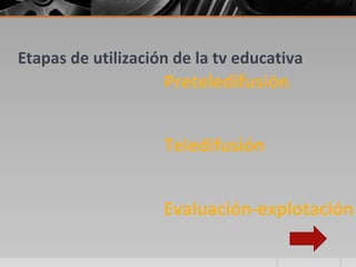 Etapas de utilización de la tv educativa
                    Preteledifusión


                    Teledifusión


                    Evaluación-explotación
 