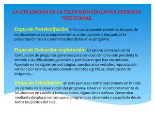 LA UTILIZACION DE LA TELEVISION EDUCATIVA PRESENTA
TRES ETAPAS.
Etapa de Preteledifusión: En la cual se pueden presentar lecturas de
los documentos de acompañamiento, antes, durante y después de la
presentación de los contenidos abordados en el programa.
Etapa de Evaluación-explotación: En esta se comienza con la
formulación de preguntas generales para conocer cómo ha sido percibida la
emisión y las dificultades generales y particulares que han encontrado.
Apoyado en las siguientes estrategias, cuestionarios verbales, reproducción
verbal o por escrito, reconocimiento de fotos y gráficos, clasificación de
imágenes…
Etapa de Teledifusión: en este punto se centra básicamente en brindar
un ejemplo en la observación del programa. Observar el comportamiento de
los alumnos en cuanto a toma de notas, signos de extrañeza. Comprobar
mediante desplazamientos que el programa es observado y escuchado desde
todos los puntos del aula.
 