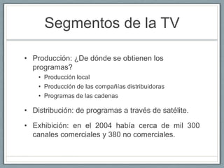 Historia de TVLa década de 1970 fue testigo de la crítica contra los programas violentos.1980 y 1990 las tres cadenas grandes perdieron espectadores por el Cable.Los primeros programas fueron sobre juegos, eventos deportivos y entrevistas.La TV a color en los EE UU se introdujo en los años 50. (época de Oro).1959 apareció el género western 