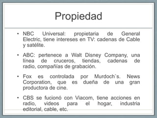Historia de la TV1960 la TV incluía comedias rurales.1970 programas de temas policíacos.La TV por cable incrementó las ganancias de la publicidad  a 11 mil millones de dólares.La TV por Cable cubrió el 68% de la población en el 2001.S. XXI éxito de los reality shows (2003 y 2004)