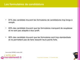 Les formulaires de candidature 81% des candidats trouvent les formulaires de candidatures trop longs à remplir. 83% des candidats trouvent que les formulaires manquent de souplesse et ne sont pas adaptés à leur profil. 80% des candidats trouvent que les formulaires sont trop standardisés et ne permettent pas de faire ressortir leurs points forts. Source étude TMPNEO octobre 2005  